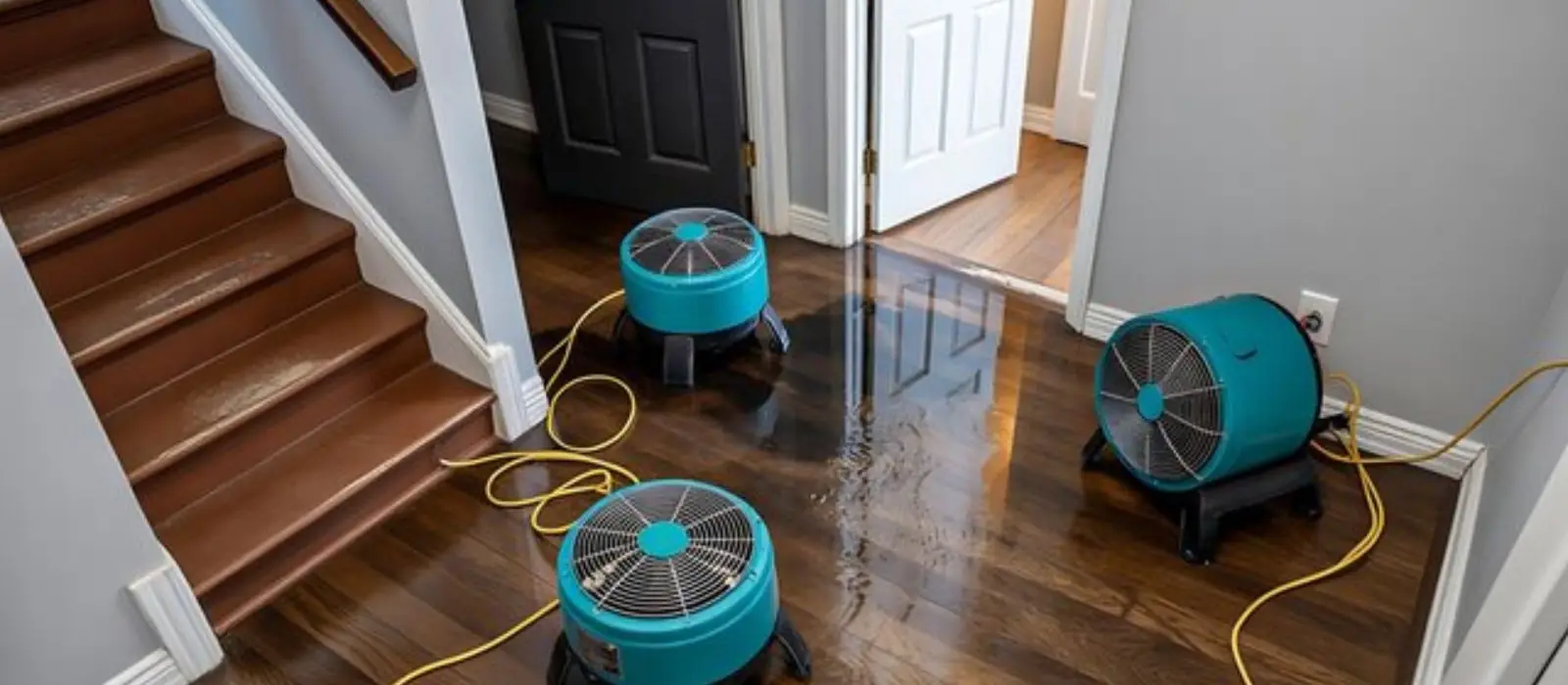 Air movers drying a hardwood floor and staircase after a water loss